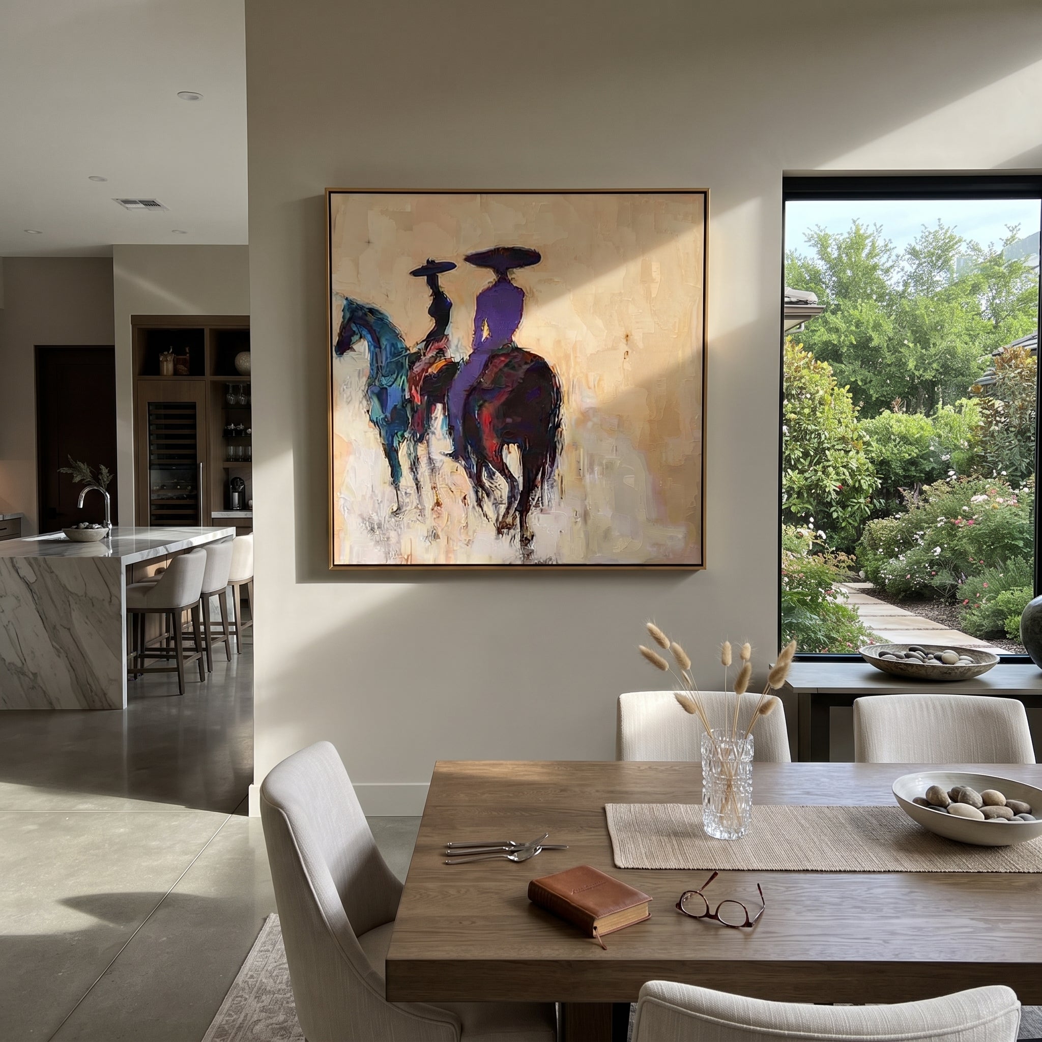 Blue Horses Leave Quietly styled with wood, linen, and modern decor