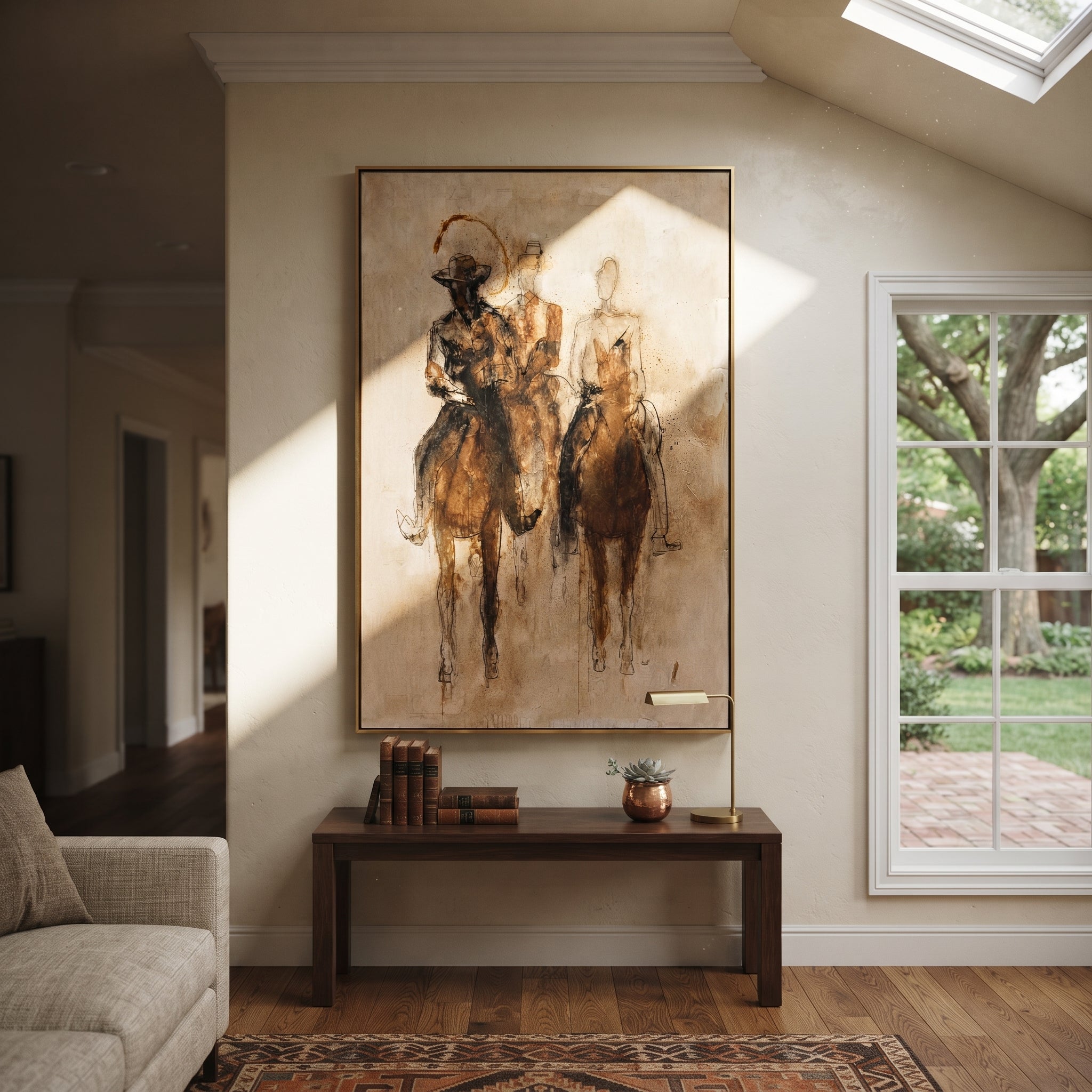 Three Riders Fade Sepia displayed in a collected contemporary interior