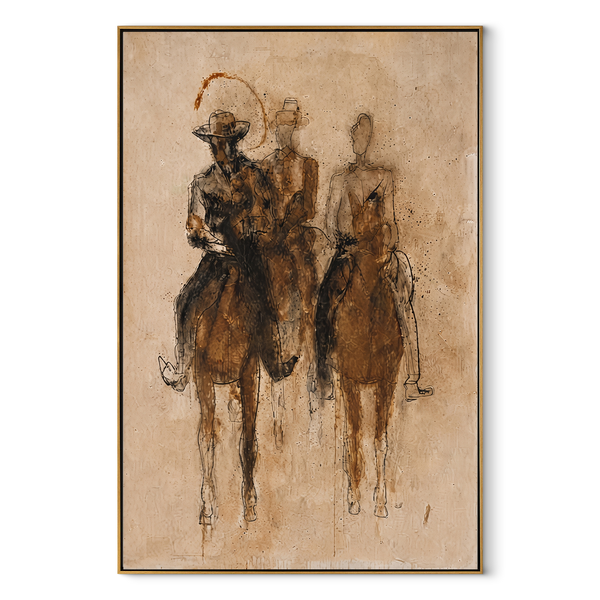Three Riders Fade Sepia – Sepia Horse Riders Painting | Contemporary Western Vertical Wall Art
