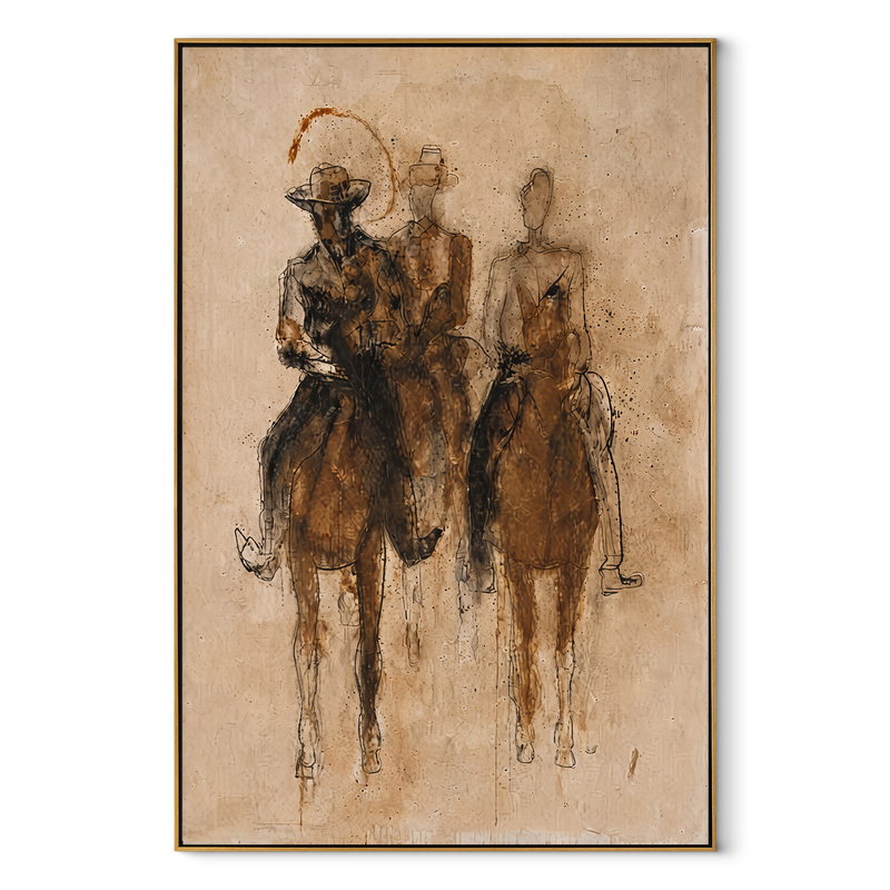 Three Riders Fade Sepia – Sepia Horse Riders Painting | Contemporary Western Vertical Wall Art