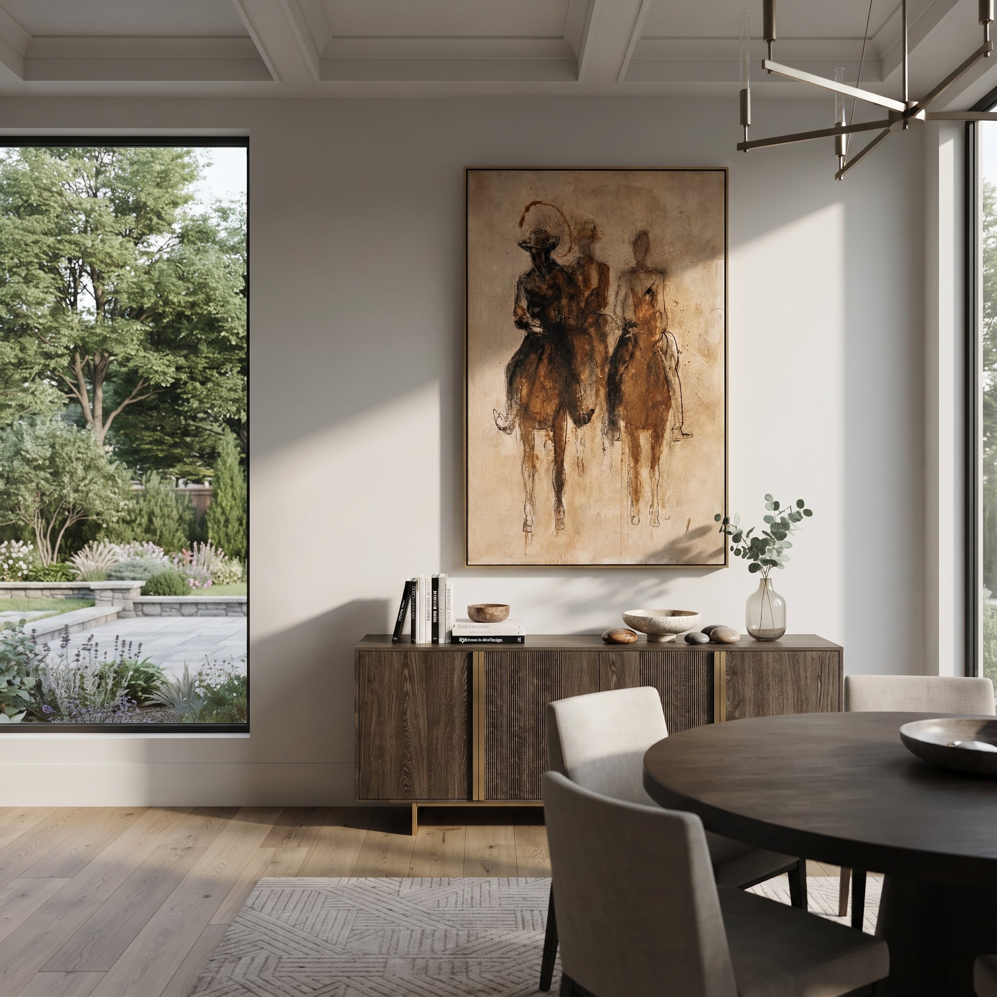 Three Riders Fade Sepia displayed in a layered residential setting