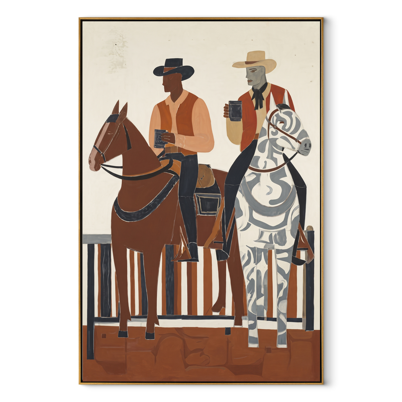 Coffee Rides Beside Stripes – Cowboy Coffee Riders Painting | Contemporary Western Vertical Wall Art