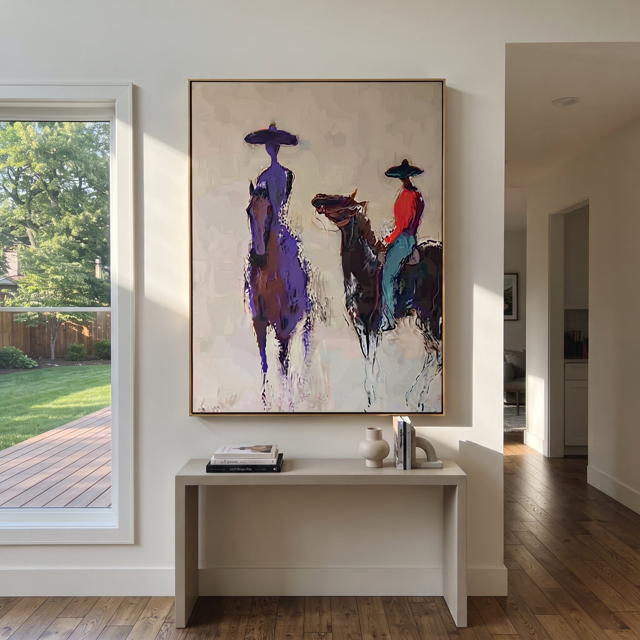 Purple Figure Meets Riders presented as a colorful interior focal point