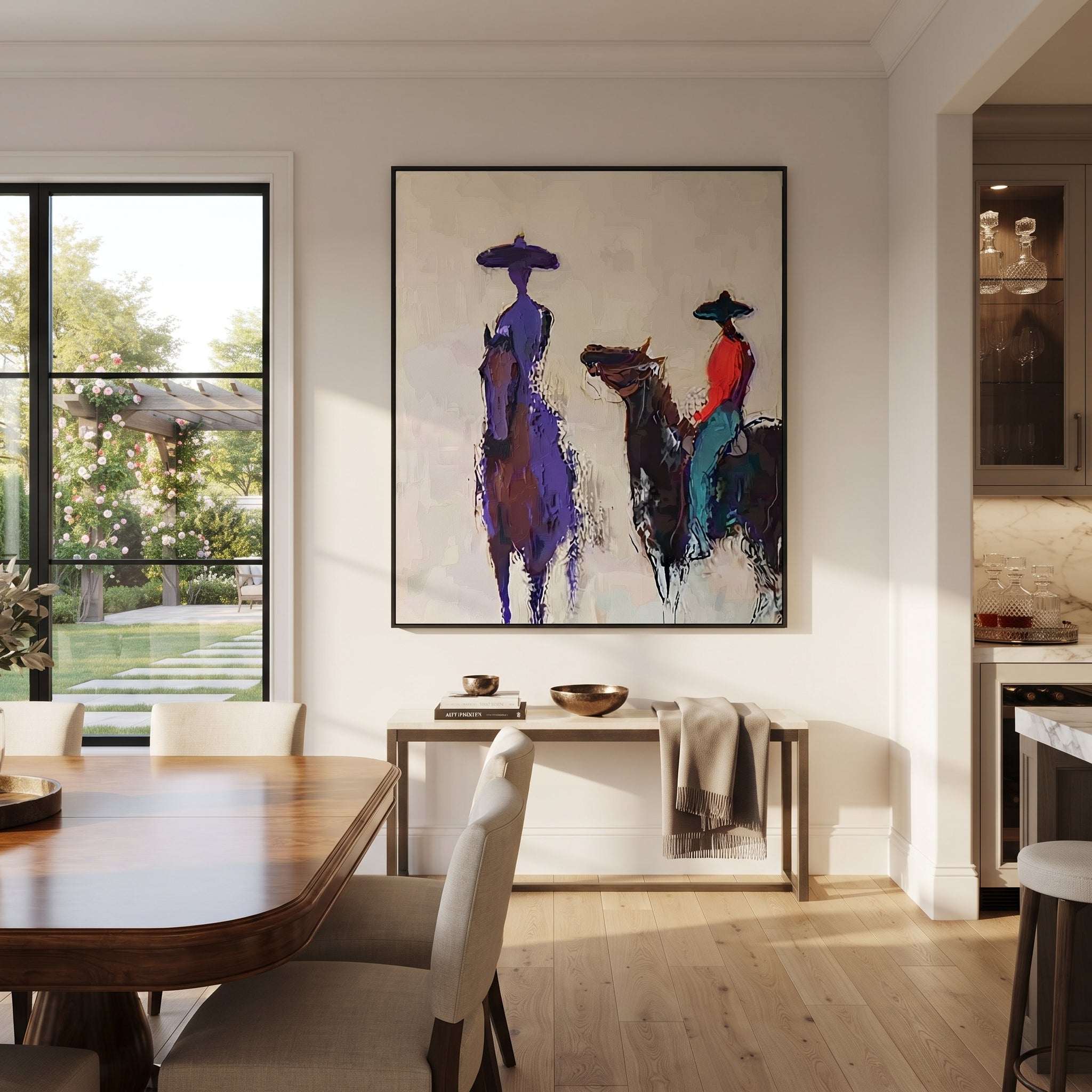 Purple Figure Meets Riders displayed in a layered residential setting