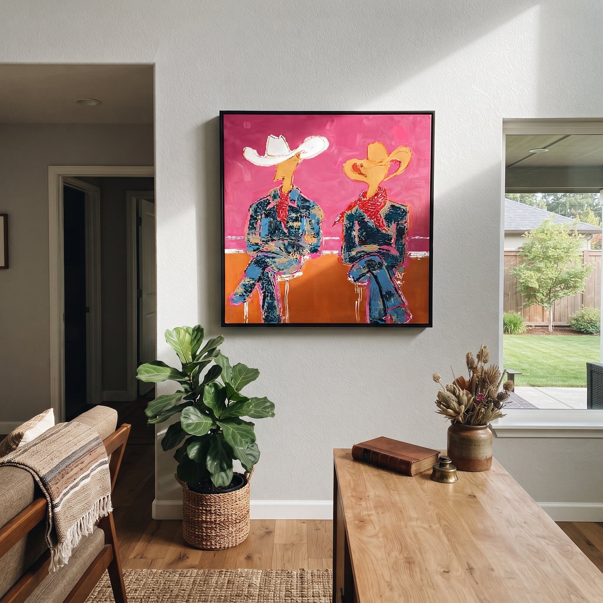 Neon Cowboys Share Silence displayed in a collected contemporary interior