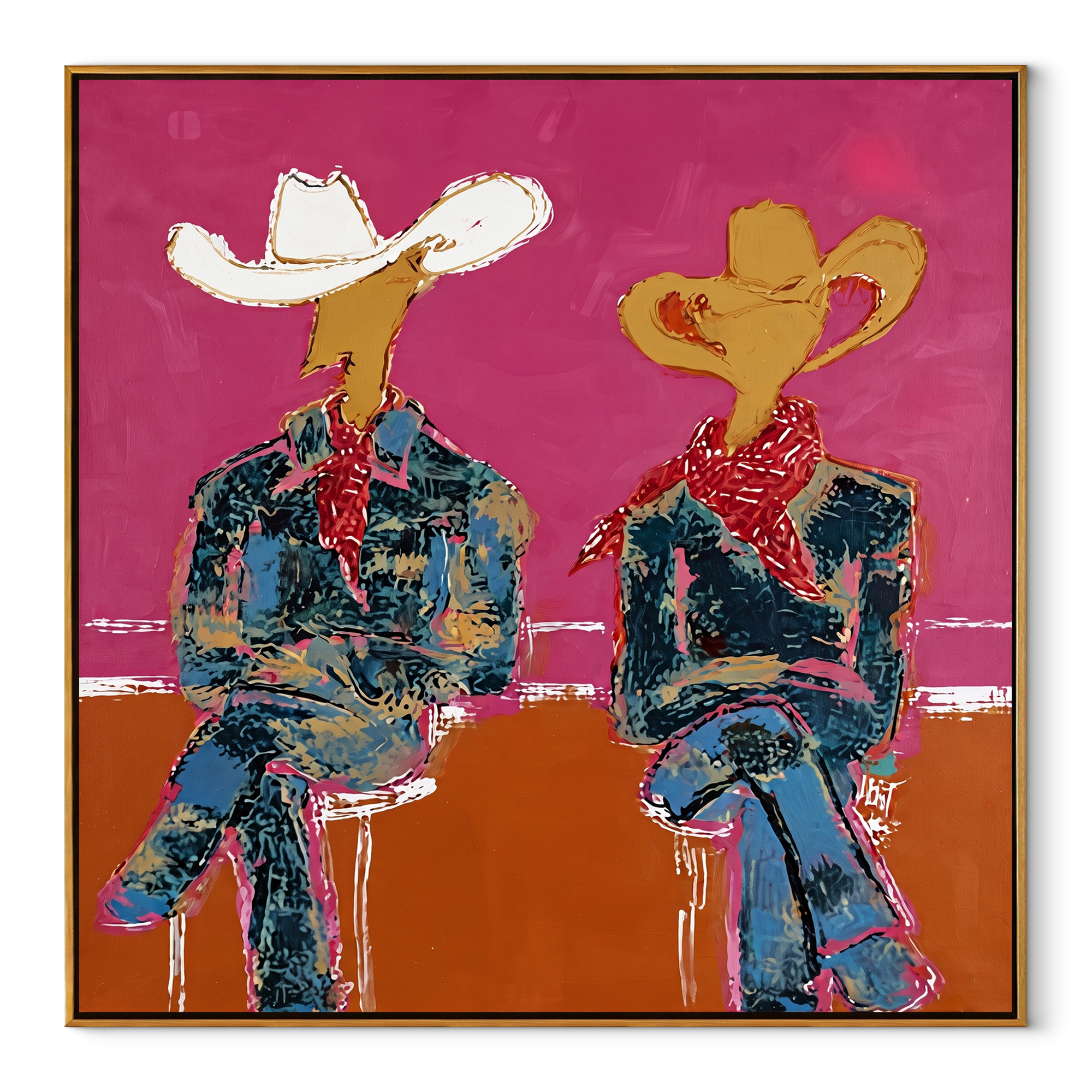 Neon Cowboys Share Silence Western figurative painting, square canvas artwork