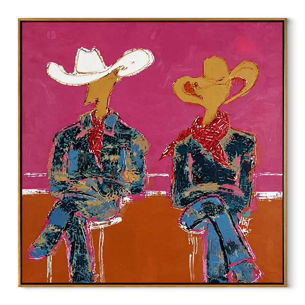 Neon Cowboys Share Silence – Neon Seated Cowboys Painting | Contemporary Western Square Wall Art
