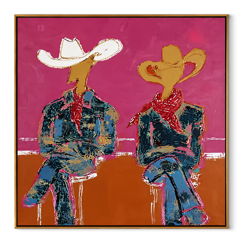 Neon Cowboys Share Silence – Neon Seated Cowboys Painting | Contemporary Western Square Wall Art