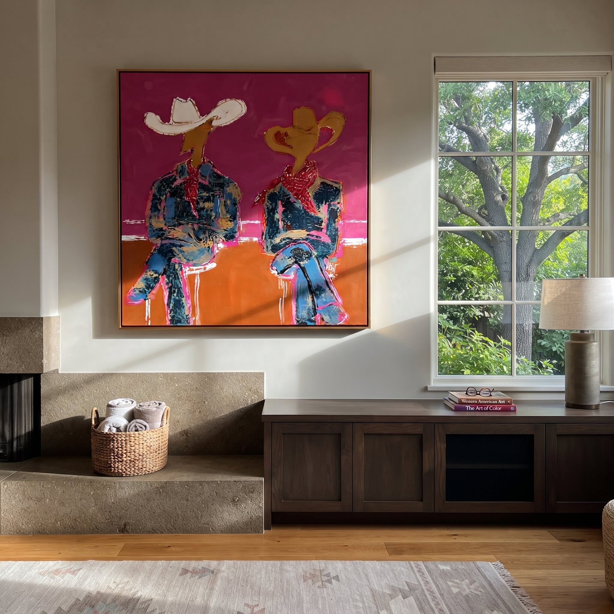 Neon Cowboys Share Silence styled with warm modern furnishings