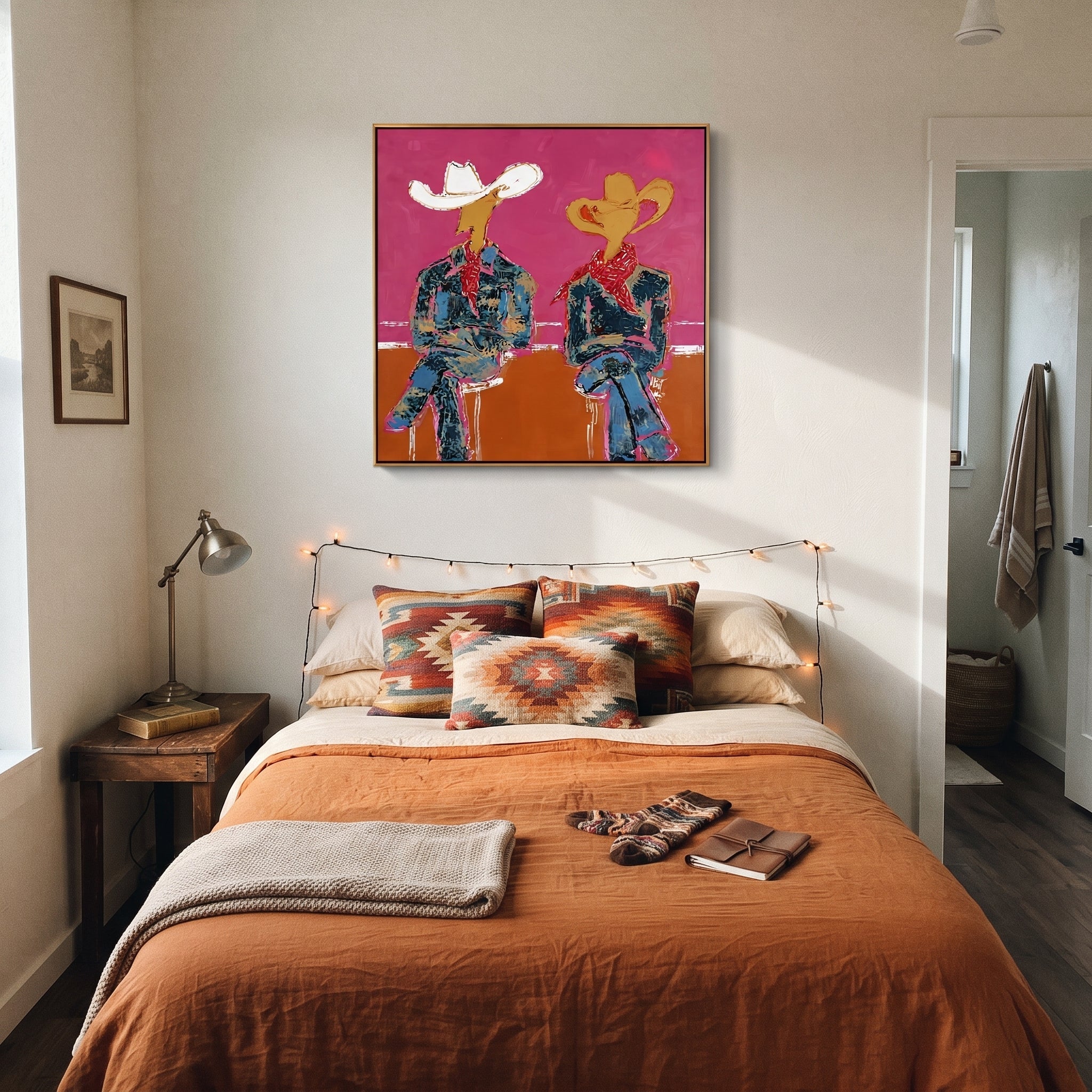 Neon Cowboys Share Silence displayed in a layered residential setting