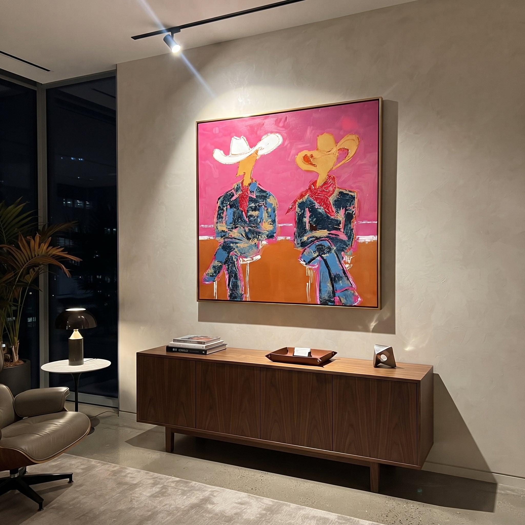 Neon Cowboys Share Silence styled with wood, linen, and modern decor