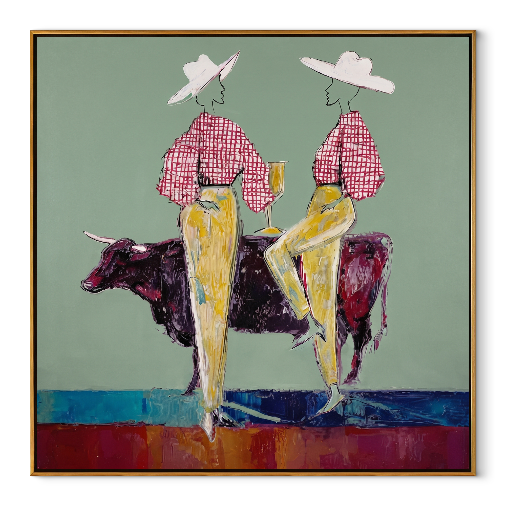 Gold Trousers Frame Bull Western figurative painting, square canvas artwork
