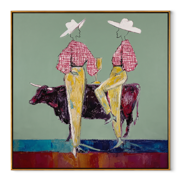 Gold Trousers Frame Bull – Bull Cowgirl Pair Painting | Contemporary Western Square Wall Art