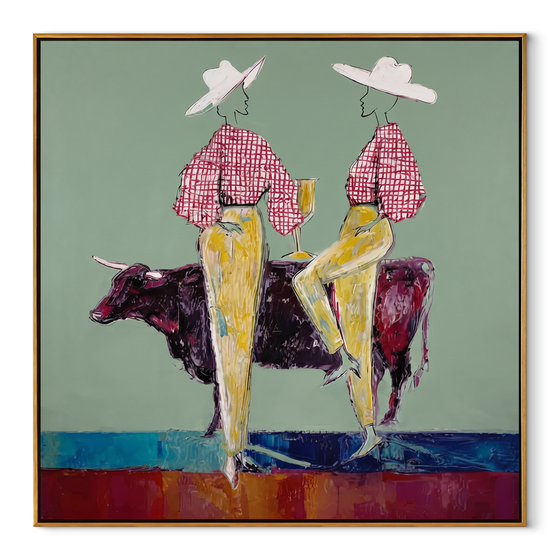 Gold Trousers Frame Bull – Bull Cowgirl Pair Painting | Contemporary Western Square Wall Art