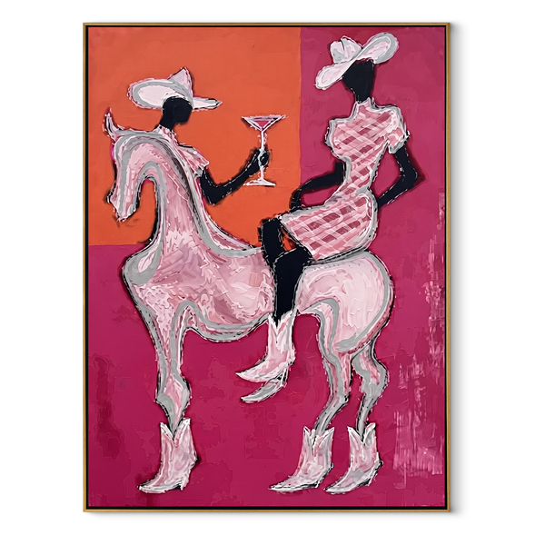 Pink Riders Exchange Toast – Pink Horse Cowgirls Painting | Contemporary Western Vertical Wall Art