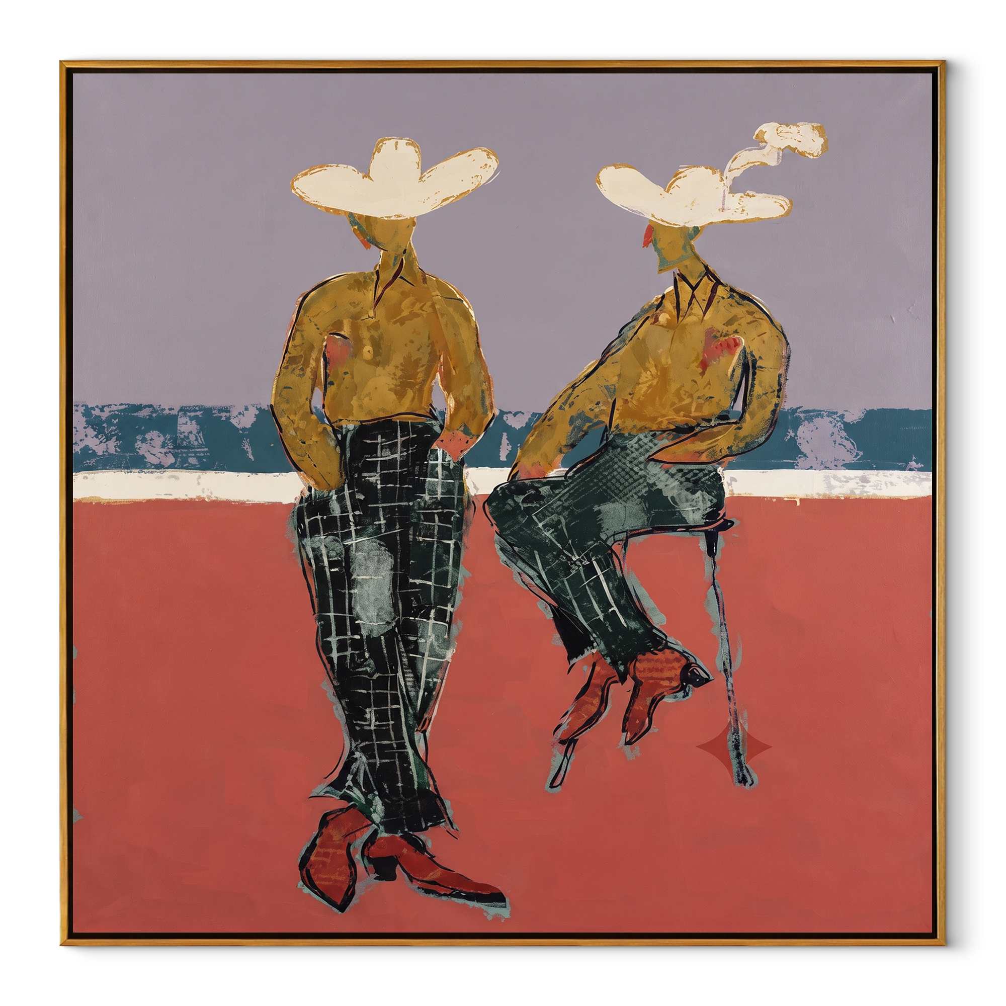 Gold Shirts Hold Horizon Western figurative painting, square canvas artwork