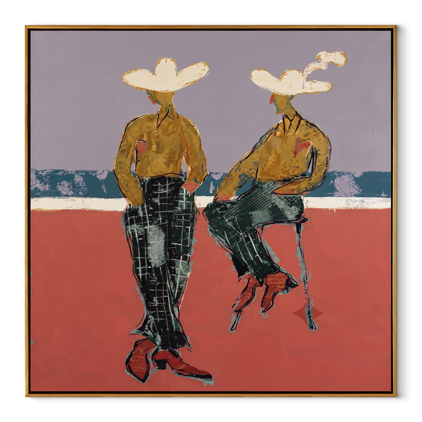 Gold Shirts Hold Horizon – Modern Cowboy Pair Painting | Contemporary Western Square Wall Art