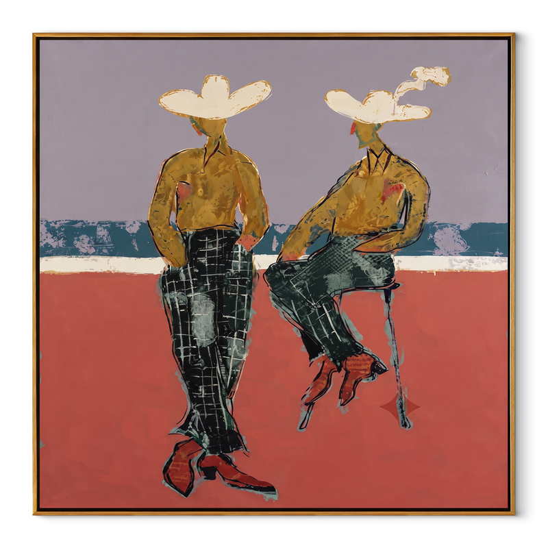 Gold Shirts Hold Horizon – Modern Cowboy Pair Painting | Contemporary Western Square Wall Art