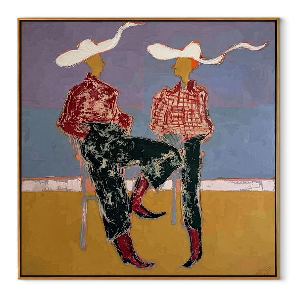 White Ribbons Cross Blue – Seated Cowgirl Pair Painting | Contemporary Western Square Wall Art