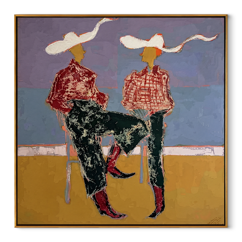 White Ribbons Cross Blue – Seated Cowgirl Pair Painting | Contemporary Western Square Wall Art