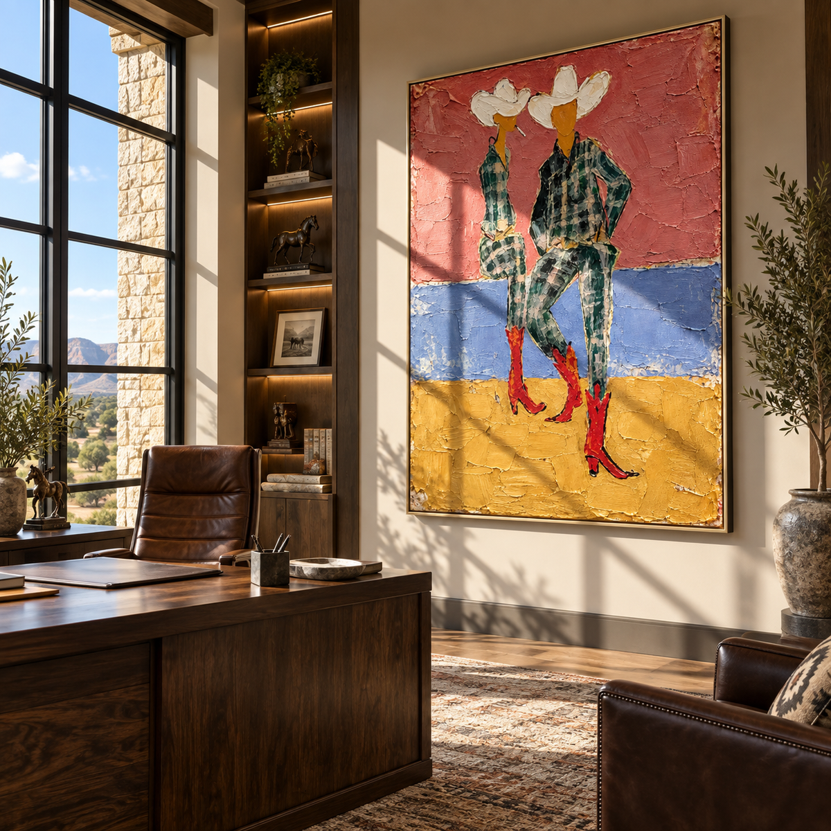 Red Boots Between Horizons – textured Western artwork shown in an alternate room setting