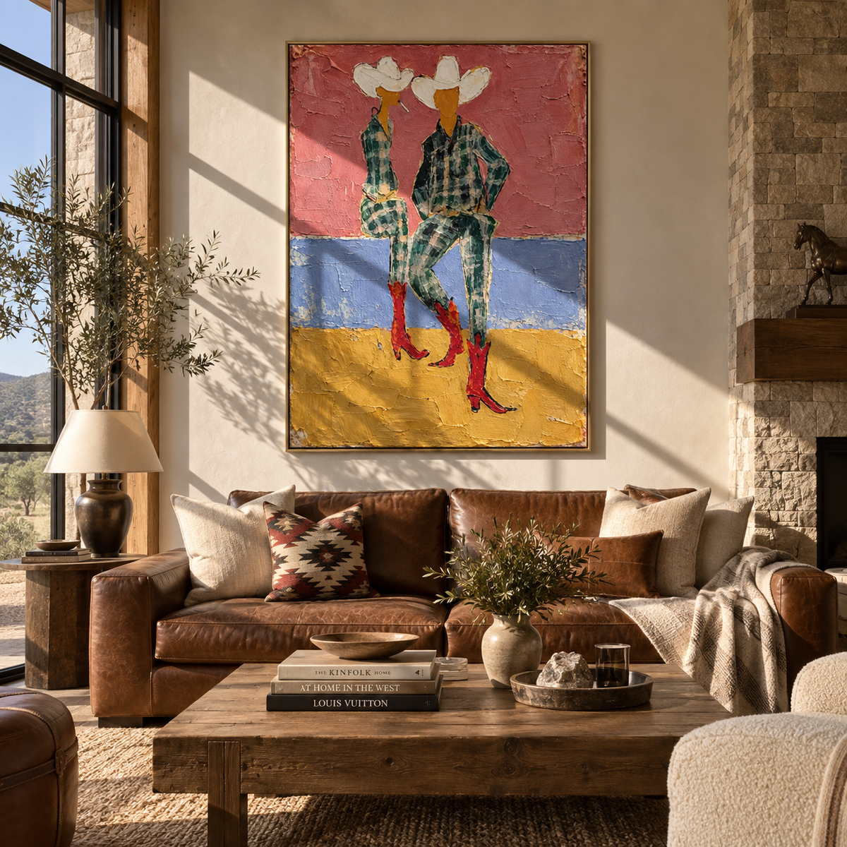 Red Boots Between Horizons – vertical Western painting styled with contemporary furniture