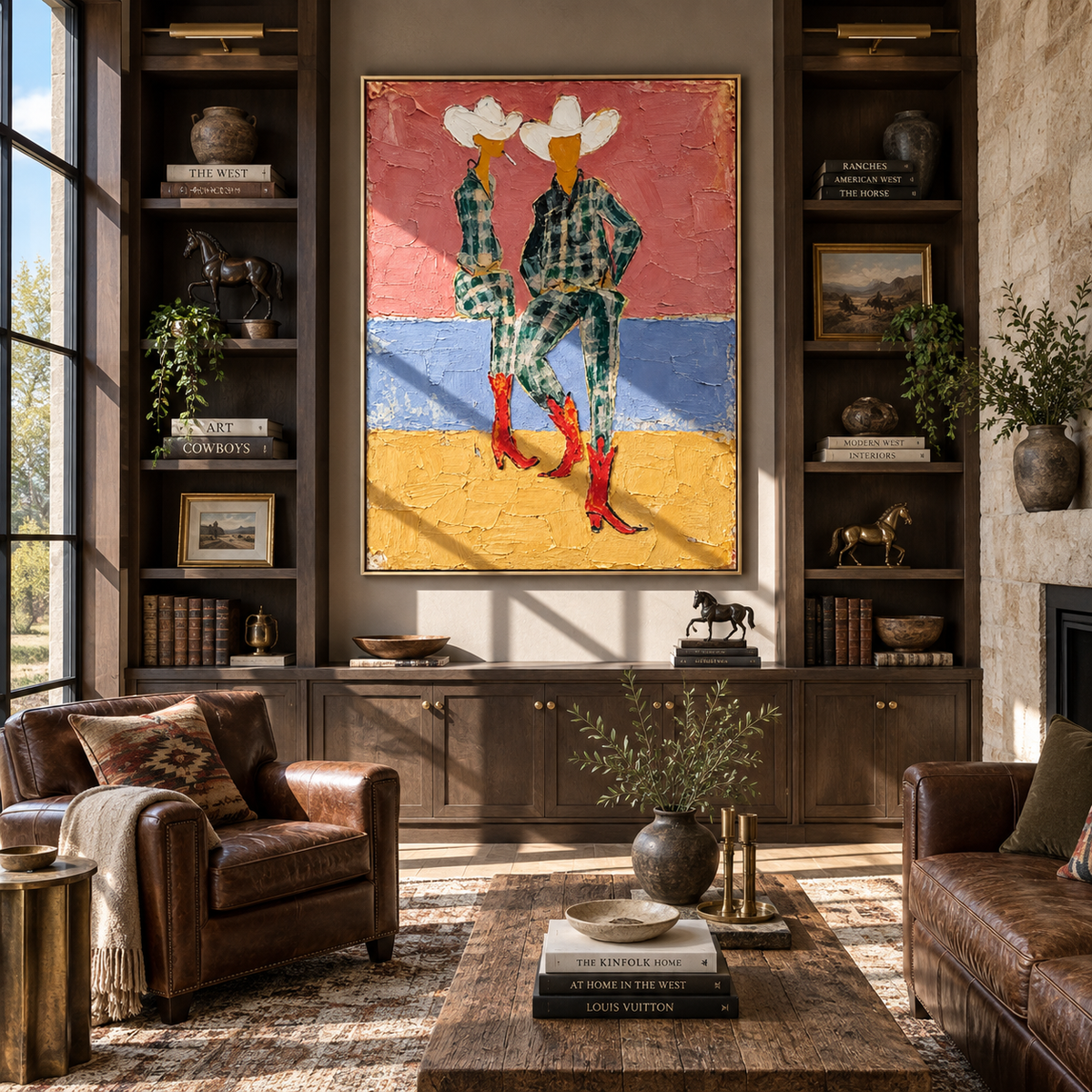 Red Boots Between Horizons – modern ranch wall art displayed in a coordinated interior