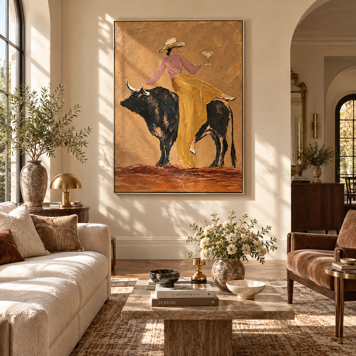 Martini on Black Bull – cowgirl rider painting, displayed in a modern Western interior