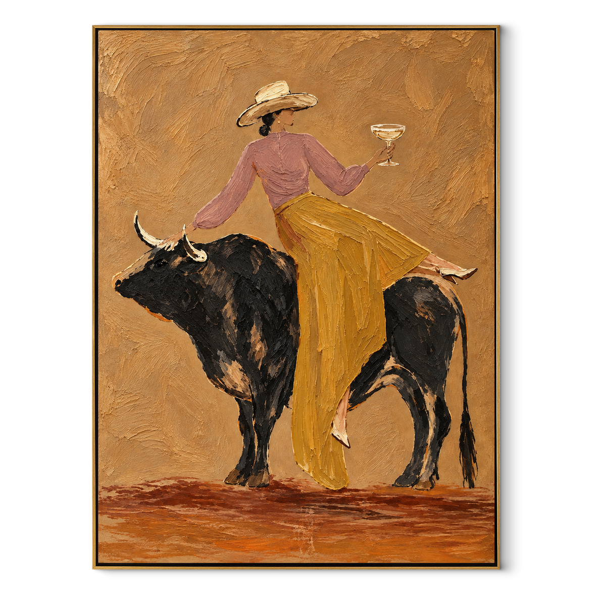 Martini on Black Bull – vertical cowgirl rider painting in a wood frame on a white background