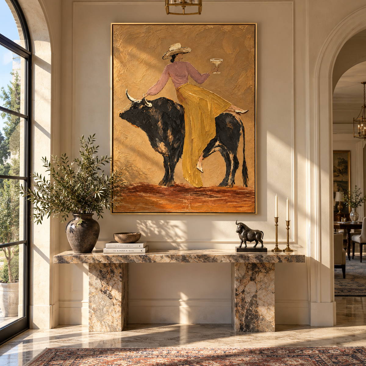 Martini on Black Bull – modern ranch wall art displayed in a coordinated interior