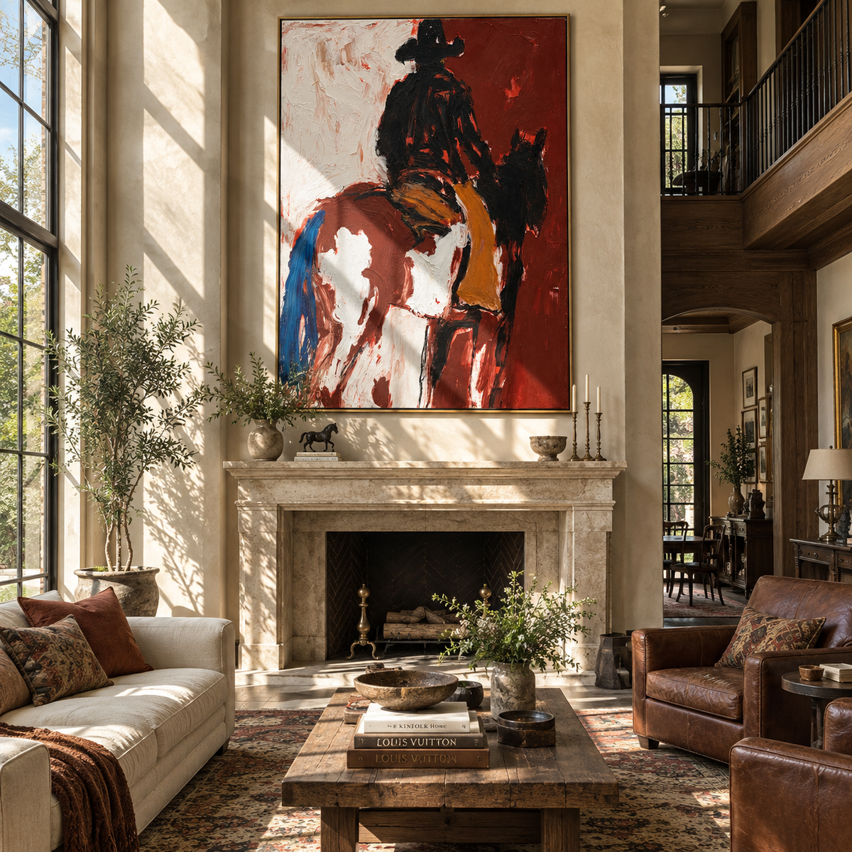 Rust Rider Turns Home displayed above a living room sofa in a warm modern interior