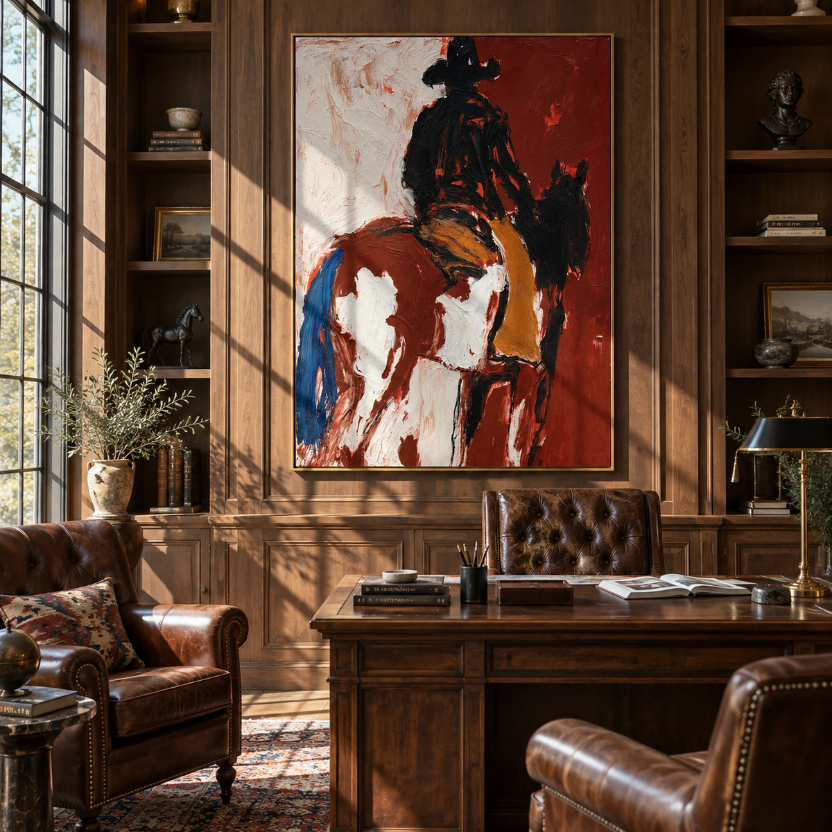 Rust Rider Turns Home presented over an entryway console in a contemporary home