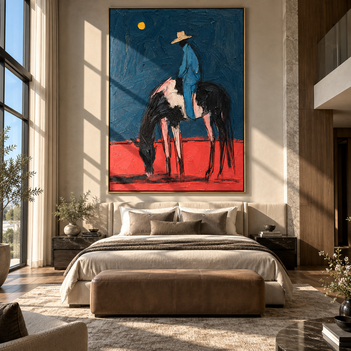 Moon Hangs Above Stillness displayed above a living room sofa in a warm modern interior