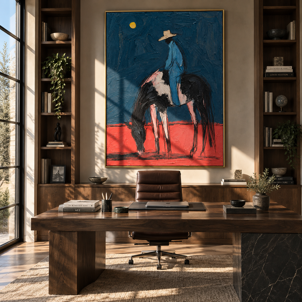 Moon Hangs Above Stillness presented over an entryway console in a contemporary home