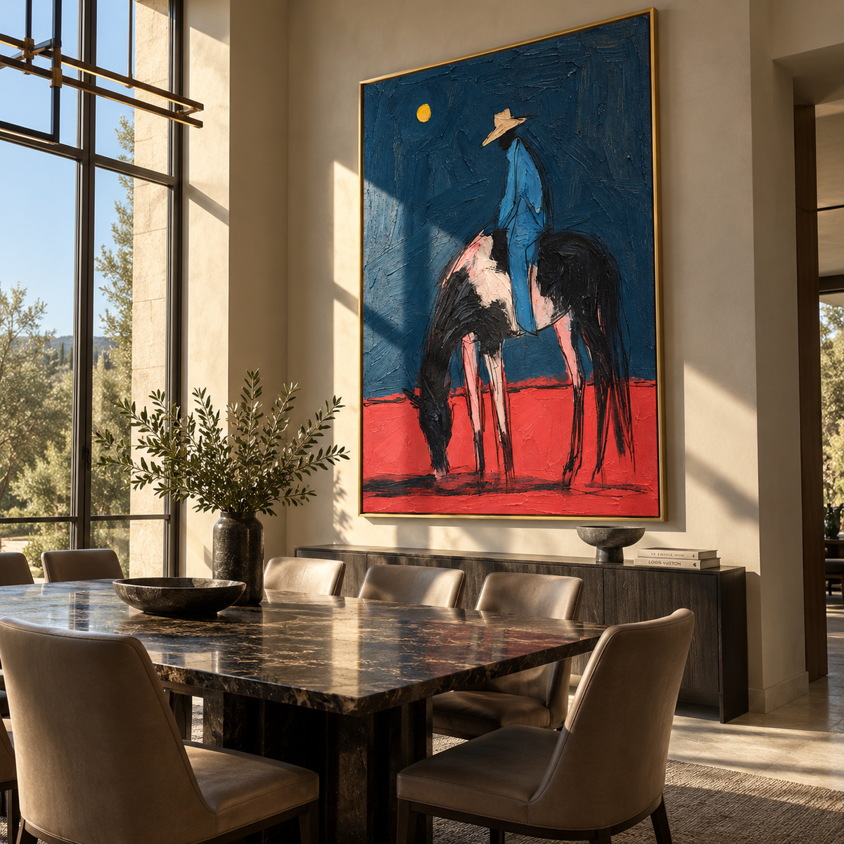 Moon Hangs Above Stillness displayed in a dining room with coordinated modern decor