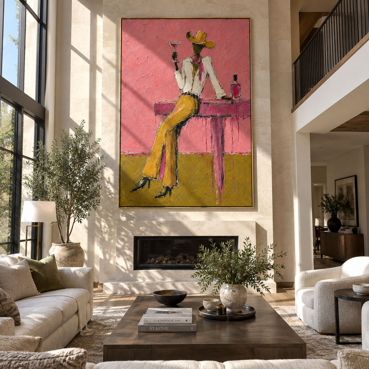 Golden Trousers Toast Pink displayed above a living room sofa in a warm modern interior