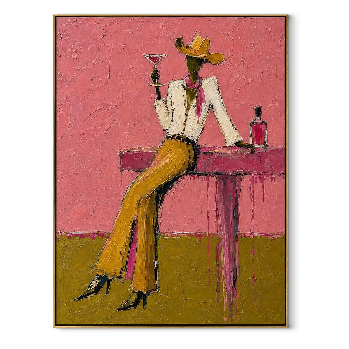 Golden Trousers Toast Pink cowgirl with martini contemporary Western vertical painting, vertical canvas artwork