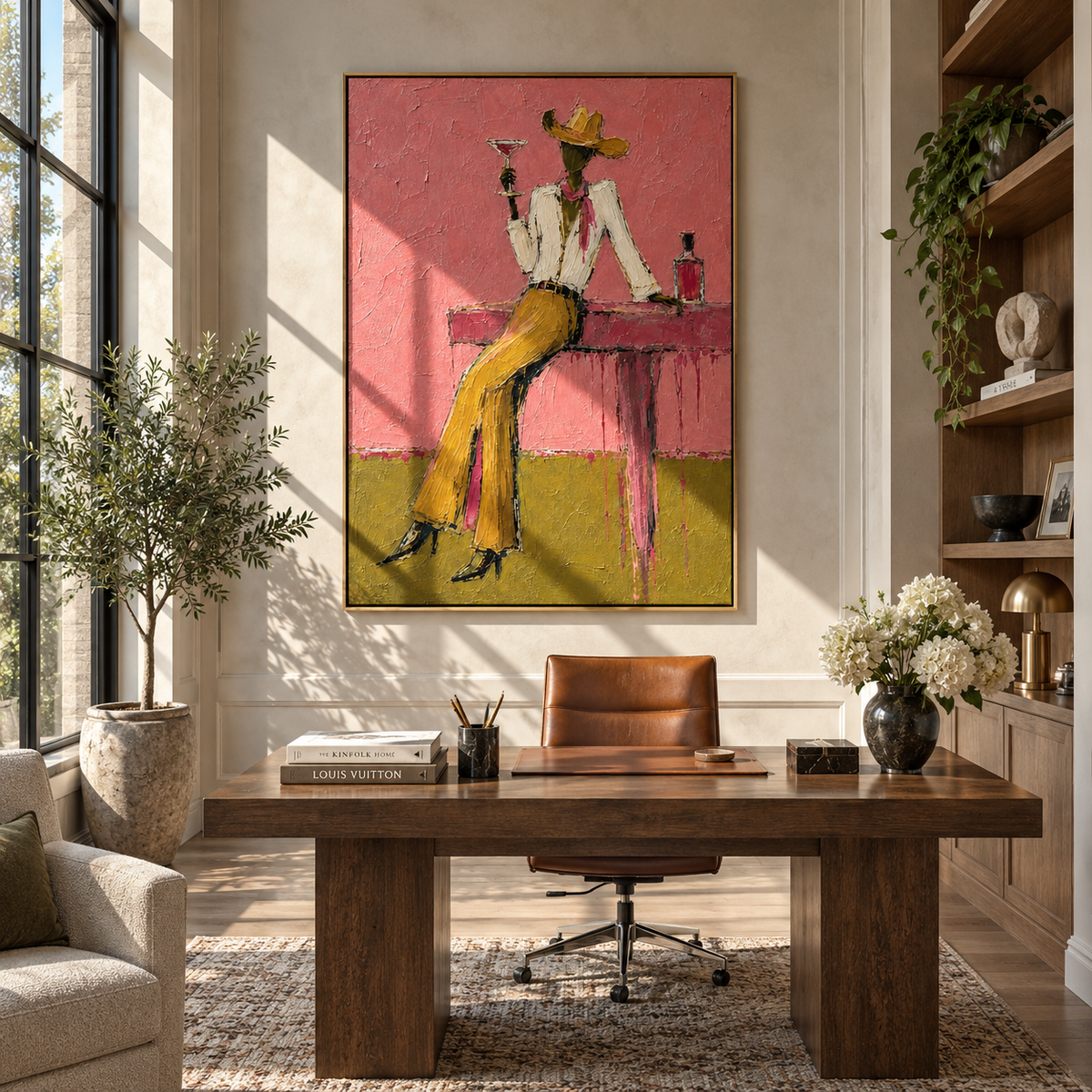 Golden Trousers Toast Pink styled above a bed in a calm, layered bedroom interior