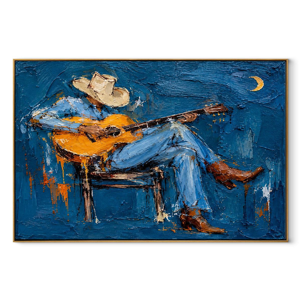 Moonlight Holds His Song blue square Western musician painting in a wood frame on white