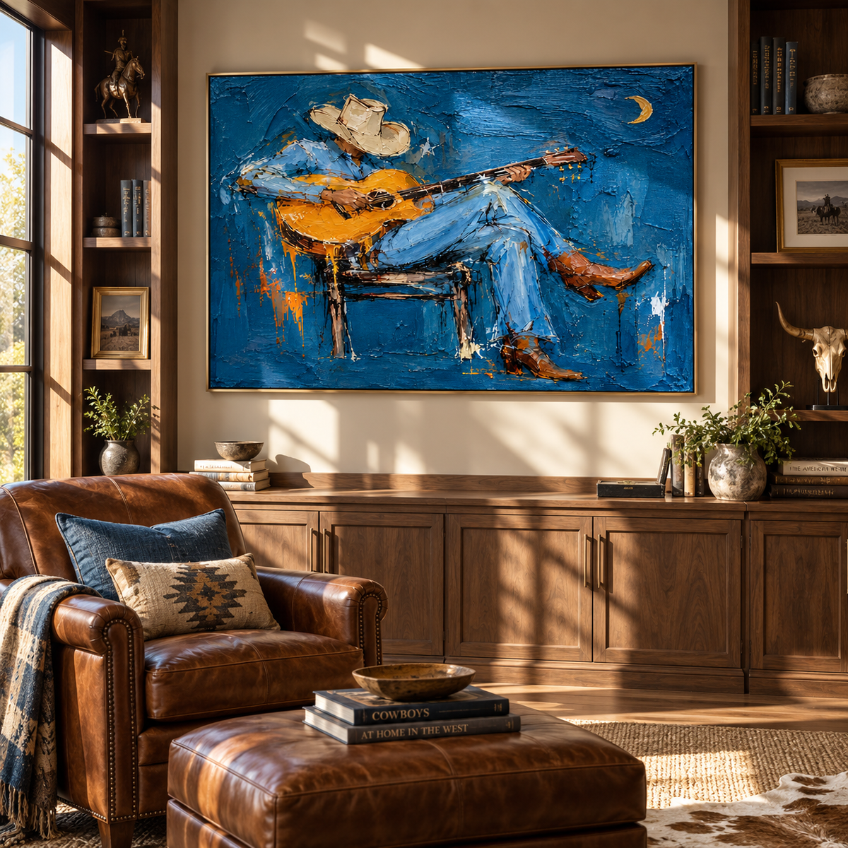 Moonlight Holds His Song contemporary cowboy painting displayed with warm natural materials