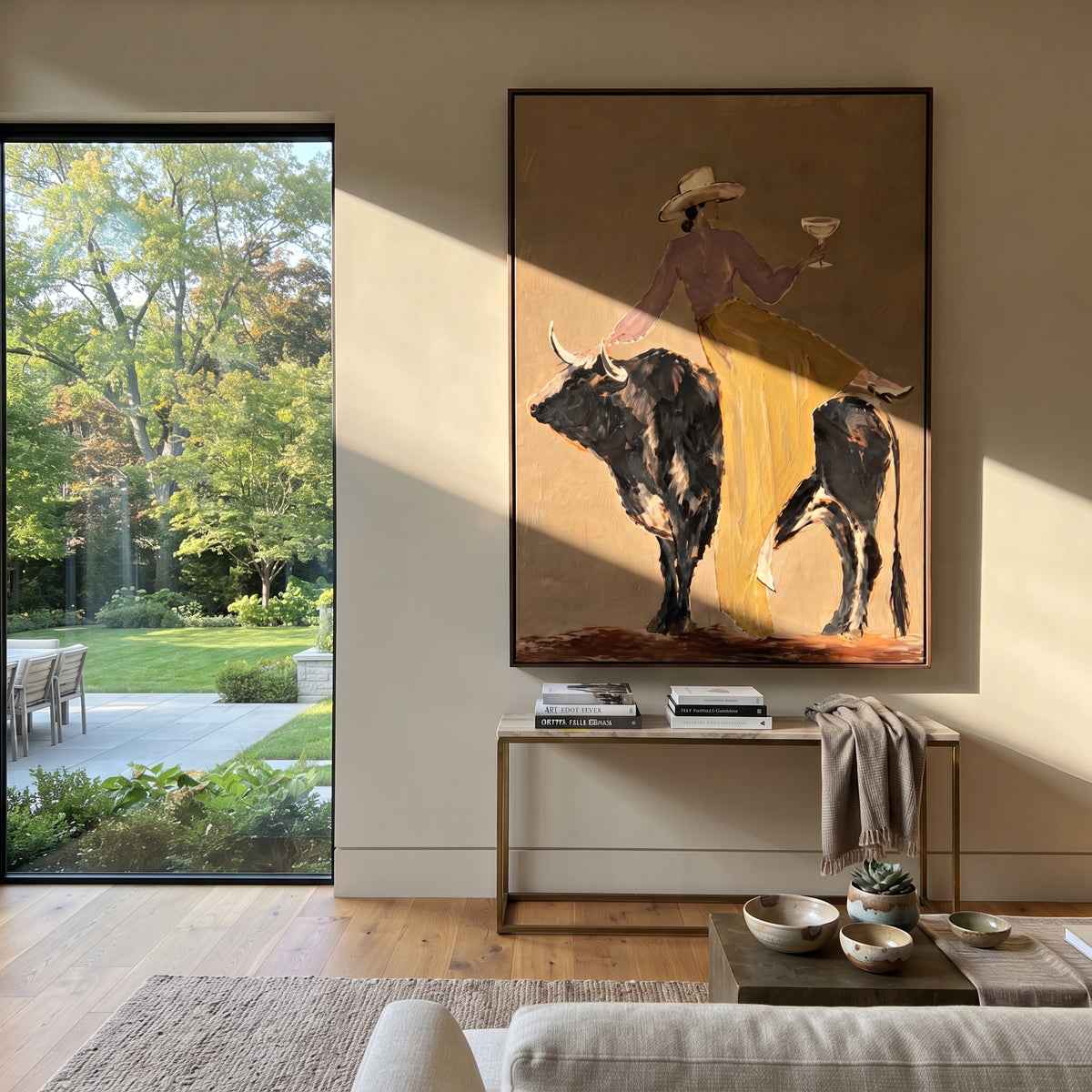 Coupe Raised Over Bull cowgirl riding black bull painting displayed in a styled interior