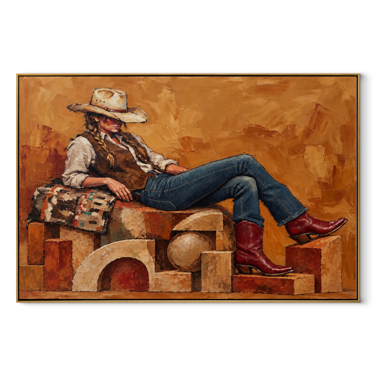 Copper Chair Repose - resting cowboy painting in a wood frame on white