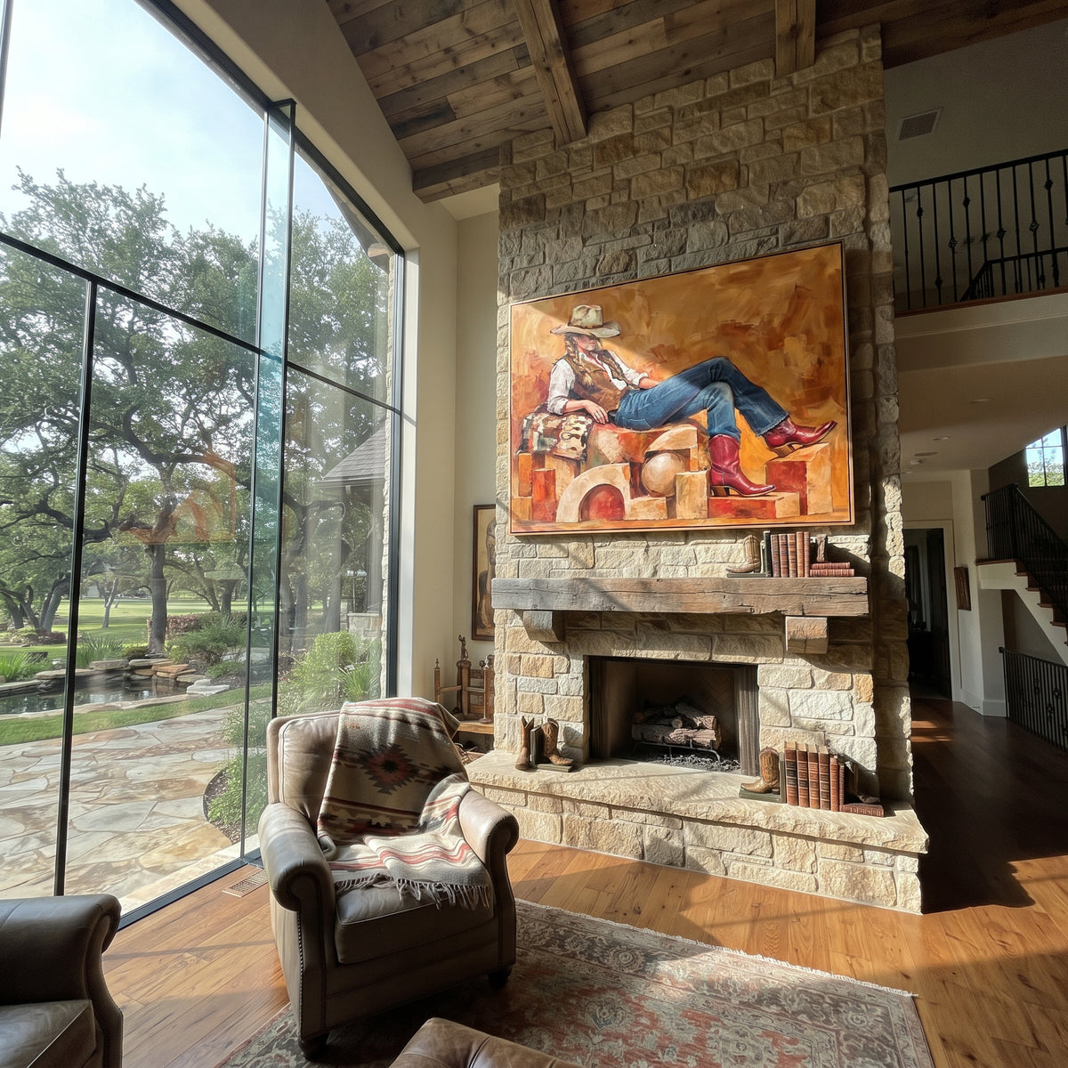 Copper Chair Repose - resting cowboy painting shown in modern room setting 2