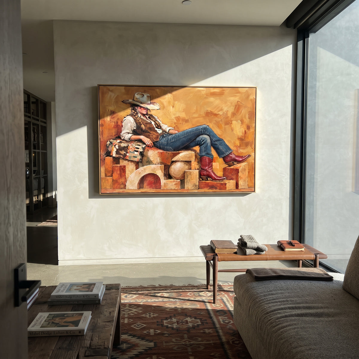 Copper Chair Repose - resting cowboy painting shown in modern room setting 4