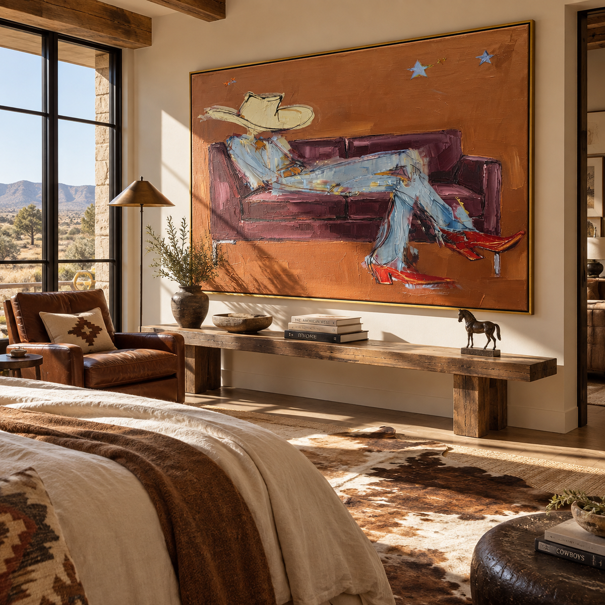 Burgundy Sofa, White Hat - reclining cowboy painting displayed in a styled interior