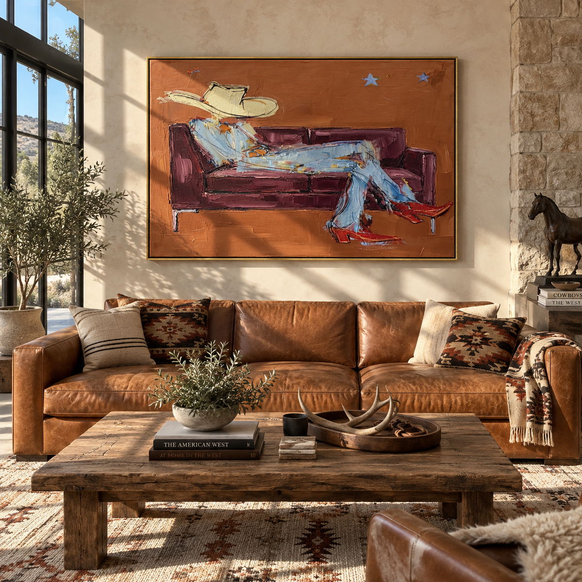 Burgundy Sofa, White Hat - reclining cowboy painting shown in modern room setting 2