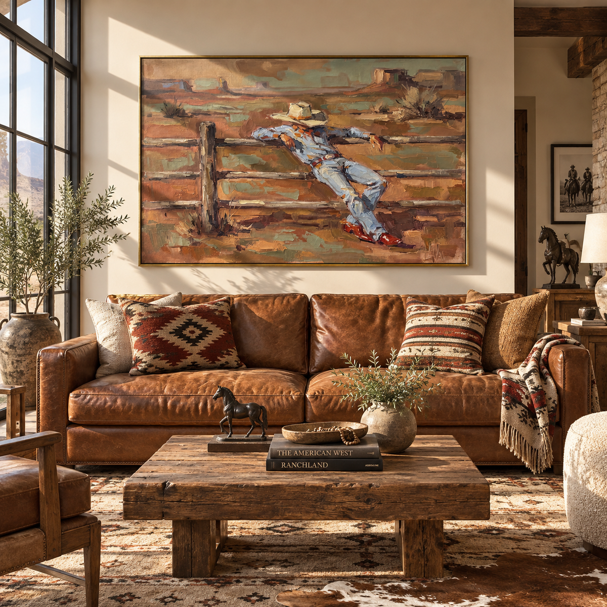 Rest Beyond the Fence - cowboy by fence painting shown in modern room setting 4