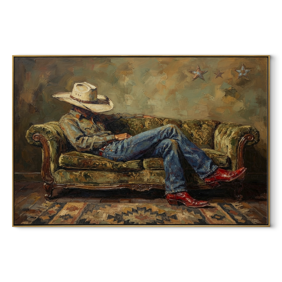 Olive Sofa After Sundown - relaxed cowboy painting in a wood frame on white