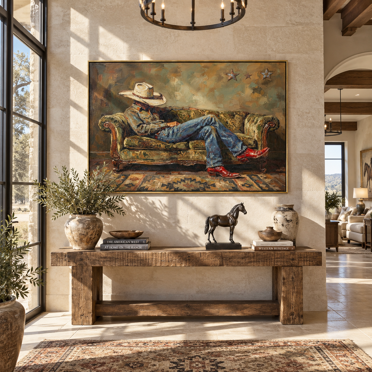 Olive Sofa After Sundown - relaxed cowboy painting shown in modern room setting 3