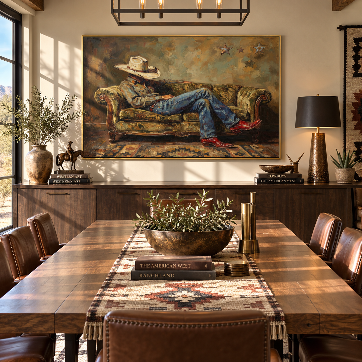 Olive Sofa After Sundown - relaxed cowboy painting shown in modern room setting 5